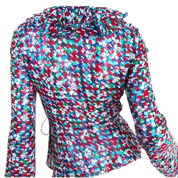 Saloni Women's Size 4 Silk Blend Iman Red + Blue Ruffled Wrap Blouse NWT - Picture 11 of 14